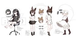 1boy 3girls absurdres ahoge animal_ears animal_print barefoot black_eyes black_hair black_shirt black_shorts black_skirt black_socks bloomers boots brother_and_sister brown_bloomers brown_boots brown_dress brown_hair chair character_age character_profile closed_mouth collared_dress collared_shirt commentary_request dress dress_shirt extra_ears full_body grin hair_ornament hand_on_own_hip head_wings highres ic_(iccccccccc81) komugi_mao_(ic) komugi_mei_(ic) long_hair low_twintails maya_(ic) mia_(ic) multicolored_hair multiple_girls no_shoes office_chair on_chair original print_shirt rabbit_boy rabbit_ears rabbit_girl rabbit_print rabbit_tail shirt short_hair shorts siblings sitting skirt smile socks standing streaked_hair swivel_chair t-shirt tail translation_request twins twintails two-tone_hair underwear very_long_hair white_hair white_shirt white_shorts wings x_hair_ornament yellow_eyes