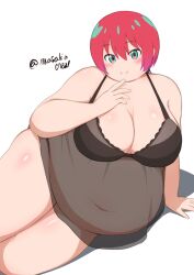 Rule 34 | 1girl, absurdres, amate yuzuriha, aqua eyes, aqua hair, belly, big belly, black negligee, blush, breasts, cleavage, covered navel, fat, fat woman, gundam, gundam gquuuuuux, hand to own mouth, highres, large breasts, lingerie, lying, masakin, multicolored hair, navel, negligee, obese, on side, red hair, see-through clothes, see-through shirt, shirt, sitting, smile, solo, thick thighs, thighs, twitter username, underwear, white background