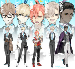 5boys absurdres ahoge akane_(blue_archive) asuna_(blue_archive) asymmetrical_bangs black_hair black_pants black_shoes blonde_hair blue_archive blue_eyes blue_necktie briefcase brown_eyes brown_hair character_name chest_harness cleaning_&amp;_clearing_(blue_archive) closed_mouth collared_shirt commentary cross-laced_shoes dark-skinned_male dark_skin expressionless fangs formal_clothes genderswap genderswap_(ftm) glasses gloves grey_hair hair_over_one_eye halo hand_on_own_hip harness headset height highres holding holding_briefcase holding_pocket_watch huge_ahoge jacket karin_(blue_archive) long_sleeves male_focus meltykiss0316 mole mole_under_eye multiple_boys necktie neru_(blue_archive) one_eye_covered open_mouth pants pink_hair pocket_watch red_eyes red_shoes red_vest semi-rimless_eyewear shirt shoes short_hair short_male signature smile sneakers standing standing_on_one_leg suit suit_jacket sukajan three-quarter_sleeves toki_(blue_archive) twitter_username under-rim_eyewear v-shaped_eyebrows vest waistcoat walking watch waving white_gloves white_shirt white_shoes yellow_eyes