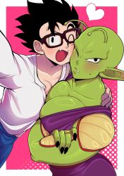 Rule 34 | 2boys, absurdres, black hair, blush, cheek-to-cheek, couple, dragon ball, fangs, glasses, green skirt, happy, heads together, highres, husband and husband, jewelry, large pectorals, male focus, multiple boys, muscular, muscular male, niusesabe, one eye closed, open mouth, pectorals, piccolo, ring, shirt, short hair, skirt, son gohan, yaoi