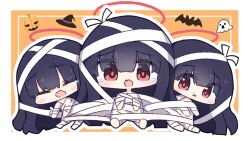 3girls bandages barefoot black_hair blue_archive blunt_bangs blush_stickers chibi closed_eyes commentary eyes_visible_through_hair halo hat jack-o&#039;-lantern justice_task_force_member_(blue_archive) long_hair looking_at_viewer multiple_girls mummy_costume no_nose open_mouth raised_eyebrows red_eyes red_halo red_pupils sitting tearing_up umihio very_long_hair witch_hat