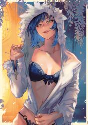 Rule 34 | 1girl, artist name, blue hair, blush, collarbone, english text, framed, fur-trimmed hoodie, fur-trimmed sleeves, fur trim, genshin impact, green eyes, highres, hood, hood up, hoodie, long sleeves, looking at viewer, navel, open mouth, panties, signature, smile, solo, sweatdrop, teeth, underwear, upper teeth only, washuu, yelan (genshin impact)