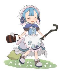 Rule 34 | 1boy, :d, apron, blue capelet, blue corset, blue hair, blush, bucket, bucket of water, capelet, closed eyes, cloth, corset, frilled apron, frilled hairband, frills, full body, grass, hairband, highres, holding, holding staff, kiwami (kiwamimuneko), made in abyss, maid, maid apron, maid headdress, maruruk, open mouth, puffy short sleeves, puffy sleeves, shoes, short hair, short sleeves, smile, staff, standing, waist apron, whistle, whistle around neck, white background, wooden bucket