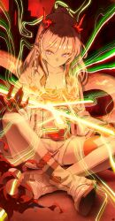 1girl absurdres arknights bandeau closed_mouth colored_extremities colored_skin commentary_request crossed_ankles dragon_girl dragon_horns dragon_tail earrings fire flame-tipped_tail gradient_skin highres horns indian_style jacket jewelry multicolored_hair nian_(arknights) pointy_ears purple_eyes red_bandeau red_hands red_horns red_skin red_streaks red_tube_top shoes shorts sitting solo songchuan_li strapless streaked_hair tail tassel tassel_earrings tube_top white_hair white_jacket white_shoes white_shorts