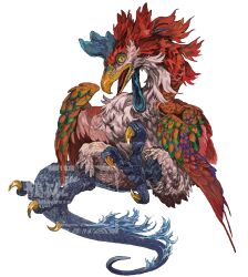 absurdres animal_focus aokarasu_punko beak bird claws full_body green_eyes highres looking_at_another monster no_humans open_mouth original simple_background slit_pupils solo tail watermark white_background wings