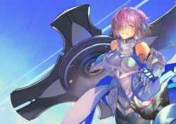 1girl absurdres armor bare_shoulders blue_hair breasts colored_inner_hair detached_sleeves fate/grand_order fate_(series) full_armor highres hiro_(hirohiro_gorira) large_breasts lord_camelot_(fate) mash_kyrielight mash_kyrielight_(paladin) multicolored_hair pink_hair purple_eyes shield short_hair smile