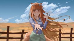 1girl absurdres animal_ear_fluff animal_ears blue_shirt blunt_bangs breasts brown_hair brown_tail closed_mouth cloud cloudy_sky collarbone commentary cowboy_shot crying crying_with_eyes_open day fence hand_up highres holding holo long_hair long_sleeves looking_at_viewer outdoors outstretched_arm red_eyes shirt sky small_breasts solo spice_and_wolf tail tears very_long_hair welant wheat_field wolf_ears wolf_girl wolf_tail wooden_fence