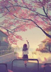 1girl arm_at_side arm_up balcony barricade black_shoes black_socks blue_sky bush cherry_blossoms cherry_tree commentary_request crossed_ankles day door falling_petals fence from_behind harucoro25 hedge highres house iron_fence leaning_on_object long_hair long_sleeves medium_skirt mountainous_horizon original outdoors petals pleated_skirt purple_hair purple_sailor_collar purple_skirt sailor_collar scenery shade shirt shoes skirt sky socks solo standing sunlight water white_shirt wide_shot window