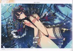 1girl absurdres between_breasts black_hair blush breasts cape closed_mouth detached_sleeves floating floating_object gloves gold_trim hair_ornament halo highres indoors large_breasts long_hair looking_at_viewer navel official_art page_number purple_eyes ryouki_(senran_kagura) scan see-through_clothes senran_kagura senran_kagura_new_link shiny_skin simple_background single_thighhigh smile solo sparkle stomach thighhighs thighs yaegashi_nan
