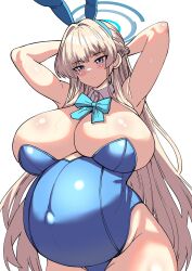 1girl animal_ears armpits arms_behind_head big_belly blonde_hair blue_archive blue_eyes blush bow bowtie braid breasts closed_mouth covered_navel cowboy_shot curvy detached_collar expressionless fake_animal_ears halo highres huge_breasts leotard long_hair outie_navel playboy_bunny pregnant rabbit_ears shiny_skin sidelocks skindentation solo standing stark_(shitake) sweat thick_thighs thighs toki_(blue_archive) toki_(bunny)_(blue_archive) very_long_hair white_background wide_hips