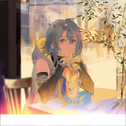 1boy absurdres arknights black_gloves black_shirt black_sleeves blue_hair blue_neckerchief cloak closed_mouth cocktail cup drinking_glass elbow_gloves frown gloves hands_up highres hood hood_down hooded_cloak indoors infection_monitor_(arknights) long_hair looking_at_viewer male_focus mizuki_(arknights) neckerchief on_chair purple_eyes shirt sitting solo somnolence_(hranxy) table upper_body white_cloak window