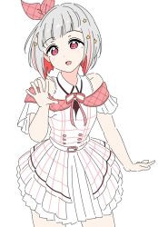Rule 34 | 1girl, :d, alternate costume, bare shoulders, colored inner hair, commentary request, cowboy shot, dress, frilled dress, frills, grey hair, hair ornament, highres, link! like! love live!, llkapital, looking at viewer, love live!, love live! series 15th anniversary costume, multicolored hair, off-shoulder dress, off shoulder, open hand, open mouth, pink eyes, red hair, shirt, short dress, short hair, simple background, sleeveless, sleeveless shirt, smile, solo, star (symbol), star hair ornament, streaked hair, virtual youtuber, white background, white dress, white shirt, yugiri tsuzuri