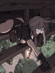 1girl 5boys :3 absurdres animal_ears ass blue_eyes breasts cat_ears colored_skin constricted_pupils crawling cropped_jacket crossed_bangs ears_down furrowed_brow glowing glowing_eyes green_skin grey_hair hair_between_eyes happening18 highres huge_ass indoors jacket large_breasts monster_boy mouth_hold multiple_boys muscular muscular_male open_clothes open_jacket orc original outstretched_arm revealing_clothes shiny_skin short_hair_with_long_locks short_sleeves sneaking tusks wide-eyed wide_hips worried