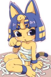 1girl ancient_egyptian animal_crossing ankha_(animal_crossing) bandages blonde_hair blue_eyes blue_fur blue_hair blunt_bangs claws female_focus fewer_digits flat_chest fur furry furry_female headpiece highres ikaheigen loli looking_at_viewer multicolored_fur multicolored_hair navel nintendo open_mouth paw_pose short_hair sitting solo tail_raised triangle_mouth two-tone_fur two-tone_hair yellow_fur