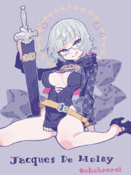 1girl :q absurdres breasts cleavage_cutout clothing_cutout dress fate/grand_order fate_(series) glasses grey_eyes grey_hair heart highres jacques_de_molay_(foreigner)_(fate) large_breasts looking_at_viewer oimo_(14sainobba) short_dress short_hair sitting smile solo sword tongue tongue_out weapon
