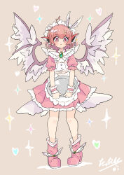 1girl absurdres alternate_costume animal_ears bird_ears bird_wings blush boots brooch commentary_request dress enmaided frills heart heart_background highres holding holding_tray jewelry looking_at_viewer maid maid_headdress mystia_lorelei paw_print pink_eyes pink_hair puffy_short_sleeves puffy_sleeves shoes short_hair short_sleeves signature solo sparkle_background star_(symbol) tatutaniyuuto touhou tray wings wrist_cuffs