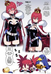 Rule 34 | 1girl, absurdres, aged up, alternate breast size, belt, belt buckle, black choker, black dress, black gloves, blush, breasts, buckle, cape, choker, cleavage, cloak, crown, demon girl, disgaea, dress, earrings, elbow gloves, english text, etna (disgaea), food, fur-trimmed cape, fur trim, gloves, gradient background, grey background, hair down, highres, huge breasts, jewelry, leather, leather choker, leather dress, leather gloves, long hair, nico-neko, o-ring, o-ring choker, pointy ears, prinny, pudding, red cape, red eyes, red hair, simple background, skull earrings, sleeping, speech bubble, spoon, white background, white belt
