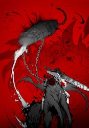 1boy 1girl absurdres blood blood_spray chain coat coffin commentary_request crying every_catherine_(project_moon) eyepatch facing_viewer headless heathcliff_(project_moon) highres holding holding_sword holding_weapon korean_commentary limbus_company long_hair misg1111 project_moon red_background riding scarf simple_background sword weapon wuthering_heights_(identity)_(project_moon)