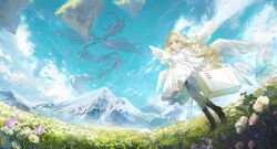 1girl angel blonde_hair boots brown_boots bug butterfly cloud cloudy_sky field flower flower_field full_body grey_eyes grey_pantyhose highres holding holding_suitcase insect kinokohime long_hair monster mountain original pantyhose sky solo standing suitcase