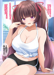 1girl :d arm_support bare_arms black_shorts blunt_bangs blush breasts brown_hair cleavage collarbone curtains dolphin_shorts hair_ribbon highres indoors large_breasts long_hair looking_at_viewer multicolored_hair navel open_mouth original pink_hair ribbon ryunosu_(ryunosu1111) short_shorts shorts sidelocks sitting smile solo tank_top television thighs tied_tank_top translation_request twintails two-tone_hair very_long_hair window