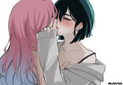 2girls absurdres alien_stage artist_name black_hair blue_hair blush bra_strap closed_eyes commentary english_commentary french_kiss grabbing_another&#039;s_breast gradient_hair green_hair groping highres kiss long_hair mizi_(alien_stage) multicolored_hair multiple_girls nojinari off_shoulder pink_hair shirt short_hair simple_background sua_(alien_stage) sweat upper_body white_background white_shirt yuri