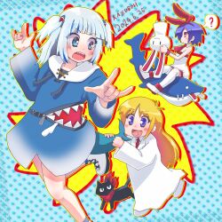 3girls \m/ animal_hood artist_name black_cat blonde_hair blue_eyes blue_hair blue_hoodie blush blush_stickers cat dated disgaea double_\m/ fins fish_tail flat_chest gawr_gura gawr_gura_(1st_costume) hair_over_one_eye hair_ribbon heart heart_in_mouth highres hololive hololive_english hood hoodie kazuboh lab_coat light_blue_hair long_hair multicolored_hair multiple_girls necktie nichijou open_mouth pleinair professor_shinonome red_eyes ribbon sakamoto_(nichijou) scarf shark_girl shark_hood shark_print shark_tail sharp_teeth short_hair smile streaked_hair stuffed_animal stuffed_rabbit stuffed_shark stuffed_toy tail tail_grab teeth thighhighs virtual_youtuber