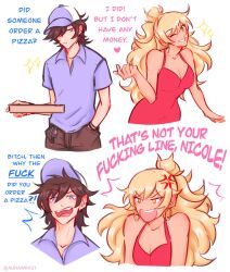2girls anger_vein aurora_(aurawra21) baseball_cap blonde_hair blue_eyes blue_shirt box breasts brown_hair class_of_09 cleavage collared_shirt commentary dress earrings english_commentary english_text hair_over_one_eye half_updo hand_in_pocket hat heart highres holding holding_box hoop_earrings jecka_(class_of_09) jewelry long_hair medium_hair multiple_girls nicole_(class_of_09) open_mouth pink_dress pizza_box shirt yellow_eyes