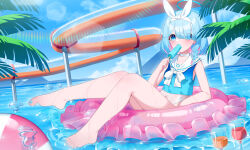 1girl absurdres alternate_costume arona_(blue_archive) bare_arms bare_legs barefoot blue_archive blue_eyes blue_hair blue_nails blue_shirt blush braid colored_inner_hair eyes_visible_through_hair food hair_over_one_eye hairband highres holding holding_food holding_popsicle long_hair looking_at_viewer mountainous_horizon multicolored_hair muou nail_polish ocean pink_hair popsicle sailor_collar shirt single_braid sleeveless sleeveless_shirt solo swim_ring toenail_polish toenails wet white_hairband white_sailor_collar