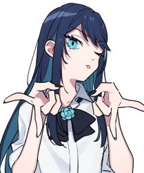 1girl ado_(utaite) black_bow black_bowtie black_nails blue_eyes blue_flower blue_hair blue_rose bow bowtie brooch chando_(ado) cloud_nine_inc collared_shirt colored_inner_hair commentary dark_blue_hair double_gyaru_v dress_shirt flower flower_brooch gyaru_v long_hair looking_at_viewer mole mole_under_eye multicolored_hair nail_polish one_eye_closed riseno rose shirt sidelocks simple_background solo tongue tongue_out upper_body utaite v white_background white_shirt