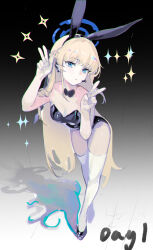 Rule 34 | 1girl, absurdres, animal ears, black leotard, blonde hair, blue archive, blue eyes, blue halo, breasts, earpiece, expressionless, fake animal ears, full body, halo, highres, jiuxiaoshi, leaning forward, leotard, long hair, looking at viewer, official alternate costume, playboy bunny, rabbit ears, small breasts, solo, sparkle, standing, strapless, strapless leotard, thighhighs, toki (blue archive), toki (bunny) (blue archive), v, very long hair, w, white thighhighs