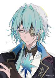 1boy anaxa_(honkai:_star_rail) aqua_hair azero_a0 black_gloves blue_eyes chain closed_mouth eyepatch gloves highres honkai:_star_rail honkai_(series) looking_at_viewer male_focus one_eye_covered partially_fingerless_gloves simple_background solo upper_body white_background