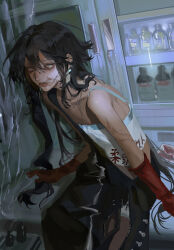 1girl absurdres black_hair blacksheep bottle camisole chinese_commentary closed_mouth clothes_writing commentary_request cupboard double-parted_bangs earrings expressionless flat_chest gloves hair_between_eyes highres indoors injury jewelry lips long_hair looking_at_viewer midriff_peek nose original red_gloves rubber_gloves sitting solo teeth white_eyes zipper zipper_pull_tab