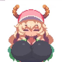 Rule 34 | 1girl, animated, animated gif, bare shoulders, blinking, blonde hair, bouncing breasts, breasts, cleavage, dragon horns, green eyes, green hair, hat, horns, huge breasts, kobayashi-san chi no maidragon, lucoa (maidragon), one eye closed, open mouth, pixel art, sakuemon, short shorts, shorts, solo, tank top