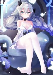 1girl aether_gazer bare_shoulders blue_eyes blue_hair braid breasts butterfly_hair_ornament character_request chinese_commentary cleavage commentary_request crossed_legs dress feet full_body gradient_hair grey_hair hair_between_eyes hair_ornament hairband hamiyamiko highres long_hair looking_at_viewer medium_breasts multicolored_hair no_shoes pantyhose see-through_cleavage see-through_clothes sideboob sitting sleeveless sleeveless_dress smile solo toes twin_braids very_long_hair white_dress white_hairband white_pantyhose