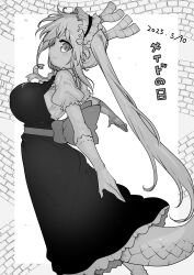1girl closed_mouth cool-kyou_shinja dragon_girl dragon_horns dragon_tail dress elbow_gloves from_side gloves greyscale highres horns kobayashi-san_chi_no_maidragon long_hair maid_day monochrome pinafore_dress puffy_short_sleeves puffy_sleeves short_sleeves sleeveless sleeveless_dress tail tohru_(maidragon) twintails very_long_hair