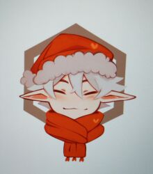 Rule 34 | 1boy, 1hp club, :3, border, closed eyes, elfboiii, facing viewer, flustered, hair between eyes, hair ornament, hat, highres, male focus, obi (1hp club), ornate border, pom pom (clothes), pom pom hair ornament, portrait, red scarf, santa hat, scarf, short hair, solo, white hair