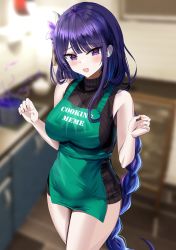 1girl absurdres apron bad_id bad_twitter_id bare_arms bare_shoulders black_sweater blurry blurry_background blush braid breasts commentary commentary_request dress genshin_impact green_apron hair_ornament hanasaka_houcha hands_up highres indoors large_breasts long_hair looking_at_viewer low-braided_long_hair low-tied_long_hair open_mouth pot purple_eyes purple_hair raiden_shogun revision sleeveless sleeveless_sweater smile solo sweater sweater_dress thighs