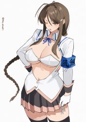 1girl absurdres antenna_hair armband artist_name bandeau black_skirt black_thighhighs blue_armband breasts brown_eyes brown_hair brown_skirt center_opening cleavage commentary cowboy_shot gloves hand_on_own_hip highres large_breasts long_hair long_sleeves looking_at_viewer low-braided_long_hair low-tied_long_hair miniskirt navel nukigee_mitai_na_shima_ni_sunderu_watashi_wa_dou_surya_ii_desu_ka? one_eye_closed open_mouth pinepin pleated_skirt revealing_clothes shirt side-tie_peek simple_background skirt solo strapless tadasugawa_rei thighhighs tube_top two-tone_skirt white_background white_bandeau white_gloves white_shirt white_tube_top