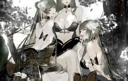 3girls absurdres breasts cleavage flower grey_eyes grey_hair hair_flower hair_ornament highres hime_cut large_breasts lips long_hair multiple_girls nose original red_lips satsuki_kei sketch very_long_hair white_flower