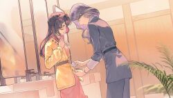 2girls bathroom belt black_belt bracelet buttons cleaning closed_mouth coat dress from_side frown game_cg hands_up highres jacket jewelry leaf love_curse:_find_your_soulmate mirror mole mole_under_eye multicolored_hair multiple_girls non-web_source official_art pale_skin pink_dress plant purple_hair selene_yan silver_bracelet sink striped_clothes suit_jacket toilet_stall two-tone_hair upper_body victoria_qi yellow_coat