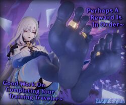1girl barefoot blenderanon blush english_text feet floating foot_focus genshin_impact highres jewelry red_eyes sitting skirk_(genshin_impact) soles solo tagme toe_ring white_hair
