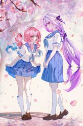 Rule 34 | 2girls, absurdres, alternate costume, aqua eyes, aqua hair, blue sailor collar, blue skirt, breasts, brown shoes, castorice (honkai: star rail), cherry blossoms, chinese commentary, commentary request, euzh266, falling petals, highres, honkai: star rail, honkai (series), hyacine (honkai: star rail), long hair, medium breasts, multicolored hair, multiple girls, petals, pink hair, pleated skirt, pointy ears, purple eyes, purple hair, sailor collar, school uniform, serafuku, shoes, skirt, skirt tug, small breasts, socks, twintails, two-tone hair, very long hair, white serafuku, white socks