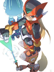 2boys armor black_eyes blonde_hair blue_robe cyber_elf_x_(mega_man) different_reflection forehead_jewel full_body helmet highres holding holding_sword holding_weapon long_hair male_focus mega_man_(series) mega_man_x_(series) mega_man_zero_(series) multiple_boys omochi_(mochi_skymega) red_armor red_helmet reflection robe simple_background solo_focus sword weapon white_background x_(mega_man) z_saber zero(z)_(mega_man) zero_(mega_man)