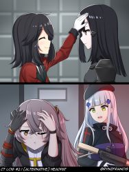4girls assault_rifle beret black_hair closed_eyes female_commander_(girls&#039;_frontline) girls&#039;_frontline gloves griffin_&amp;_kryuger_military_uniform gun h&amp;k_hk416 hacking hat headpat highres hk416_(girls&#039;_frontline) holding holding_gun holding_weapon left-to-right_manga mechanical_arms military military_uniform mod3_(girls&#039;_frontline) multiple_girls nyto_(generic)_(girls&#039;_frontline) nyto_(girls&#039;_frontline) possessed pout rifle rynzfrancis single_mechanical_arm textless_version ump45_(girls&#039;_frontline) ump45_(mod3)_(girls&#039;_frontline) weapon
