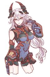 1girl breasts cowboy_shot cyborg expressionless green_eyes grey_eyes hair_between_eyes highres horns joints kanui_(pso2) long_hair low-tied_long_hair mechanical_horns medium_breasts otentopso2 phantasy_star phantasy_star_online_2 phantasy_star_online_2_new_genesis robot_joints solo very_long_hair white_hair