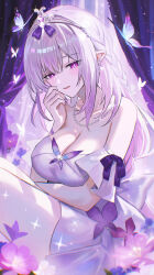 1girl absurdres bare_shoulders breasts bright_pupils bug butterfly castorice_(honkai:_star_rail) castorice_(star_rail_live_2025)_(honkai:_star_rail) chromatic_aberration cleavage collar commentary_request dress earrings fingernails flower hand_up highres honkai:_star_rail honkai_(series) insect jewelry large_breasts light_blush long_hair looking_at_viewer maria_(maria_rose) nail_polish necklace official_alternate_costume parted_lips pink_flower pointy_ears purple_butterfly purple_eyes purple_hair purple_nails sidelocks sitting smile solo strapless strapless_dress white_pupils