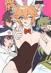 6+boys alternate_costume animal_ears anmicius aotu_world bare_arms bare_shoulders black_hair black_hairband black_headband black_leotard black_shirt black_vest blonde_hair blue_eyes blue_necktie blue_shirt blush bow bowtie brown_hair chinese_commentary closed_eyes closed_mouth collared_shirt covered_navel covering_own_eyes crossdressing cup detached_collar drooling fake_animal_ears fake_tail flying_sweatdrops godrose_(aotu_world) green_hair grey_(aotu_world) hair_between_eyes hairband hand_on_own_face hand_up headband highres holding holding_cup hood hood_down hoodie king_(aotu_world) laomotoula leotard licking_lips long_hair looking_at_viewer low_ponytail male_focus male_harem male_playboy_bunny multicolored_eyes multiple_boys necktie one_eye_closed open_mouth outline pectoral_cleavage pectorals pink_background playboy_bunny pointing pointing_at_viewer pointy_ears ponytail purple_eyes rabbit_ears rabbit_tail ray_(aotu_world) red_bow red_bowtie red_eyes shirt short_hair simple_background smile star_(symbol) star_print strapless strapless_leotard sweatdrop tail thumbs_up tongue tongue_out trap vest white_hair white_headband white_hoodie white_outline xander_(aotu_world) yaoi yellow_eyes