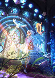 1girl bird blue_eyes blue_hair broken_pillar dated dove dress gradient_hair hair_ornament hat highres holding holding_stuffed_toy indoors long_hair multicolored_hair original overgrown shuu_illust solo stained_glass stuffed_animal stuffed_toy sun_hat white_dress white_hair