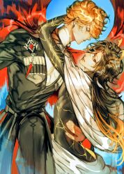 2boys alter alternate_costume alternate_hairstyle couple genshin_impact h0psynth hand_on_another&#039;s_waist long_hair multiple_boys tartaglia_(genshin_impact) twitter yaoi zhongli_(genshin_impact)