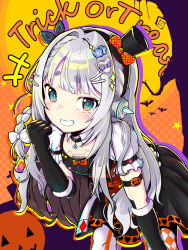 +++ 1girl absurdres alternate_costume and_uge android black_dress black_gloves black_hairband black_hat blue_flower blunt_bangs blush bow braid checkered_bow checkered_clothes circle_facial_mark commentary_request dress elbow_gloves flat_chest flower fur_gloves gloves grey_hair grin hair_bow hair_flower hair_intakes hair_ornament hairband hairclip halloween halloween_costume hat highres jack-o&#039;-lantern joints leaning_forward long_hair looking_at_viewer mini_hat mini_top_hat nanashi_inc. orange_background orange_bow pinafore_dress robot_joints shirt side_braid sidelocks single_braid sleeveless sleeveless_dress smile solo thick_eyebrows top_hat trick_or_treat upper_body virtual_youtuber white_bow white_shirt yawaraka_oniku_hatto